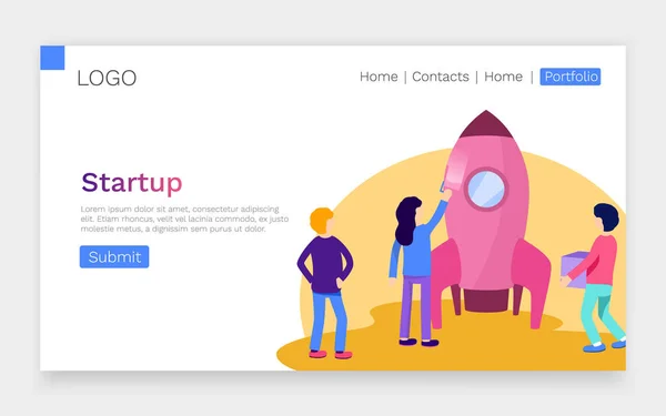 Mensen bouwen raketlancering. Opstarten creatief idee. Teamwork en zakelijke lanceren concept. Landing pagina concept. — Stockvector
