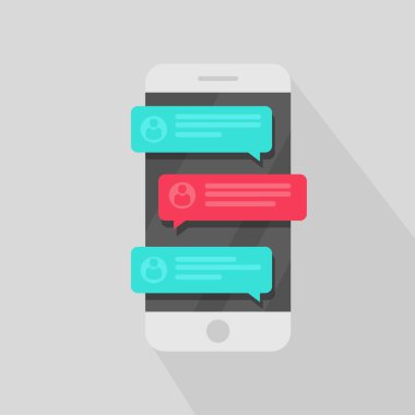 Cep telefonu sohbet ileti bildirim. Kabarcık konuşmalar, çevrimiçi konuşma, kavram sohbet konuşun, konuşma, iletişim. Vektör çizim