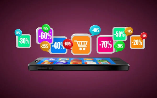 Telefono Con Icone App Acquisto Mobile Internet Shopping Concetto Commercio — Vettoriale Stock