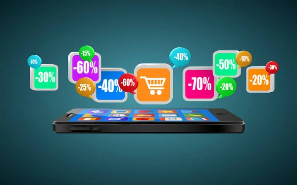 Telefonen med app-ikoner. Mobila köper. Internet shopping eller commerce koncept. — Stock vektor