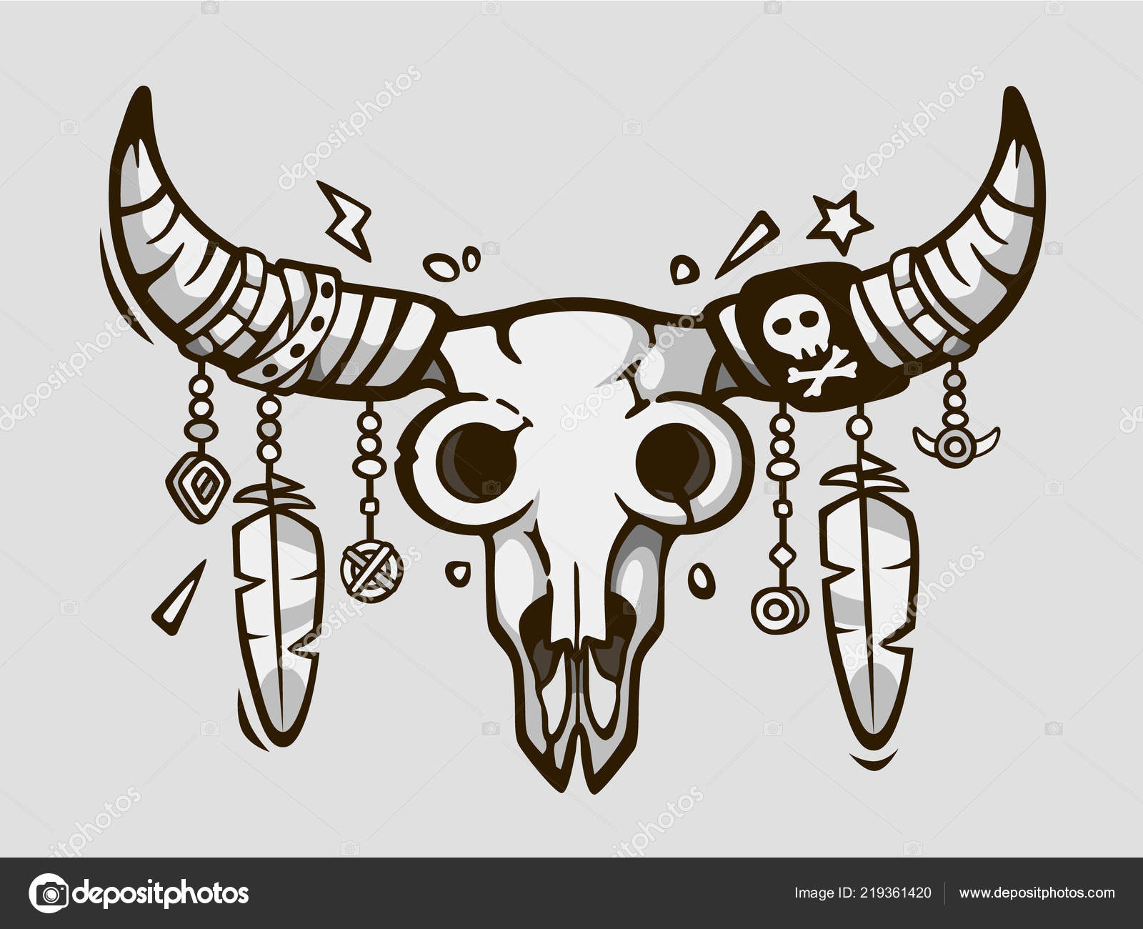 Boho 세련입니다. 민족 문신 스타일입니다. 뿔에 깃털으로 원주민 또는 멕시코 황소 두개골. 스톡 벡터 - ©hobbit_art  219361420, image size:1600x1300
