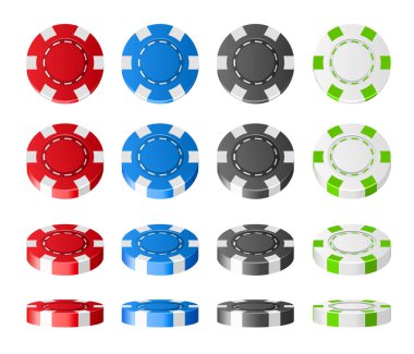 Renkli plastik poker çipleri seti. 3D çipler beyaz arkaplanda izole edilmiş farklı açıları çevirdiler. Büyük ikramiye ve başarı konsepti. Vektör illüstrasyonu.
