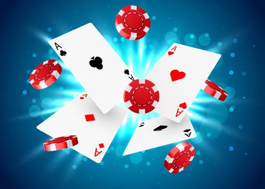 Casino poker tasarım şablonu. Düşen poker kartları ve patates kızartması. Kazanan kavram. Casino şanslı arka plan.
