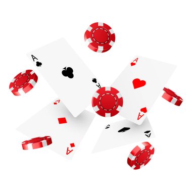 Casino poker tasarım şablonu. Düşen poker kartları ve patates kızartması. Kazanan kavram. Casino şanslı arka plan.