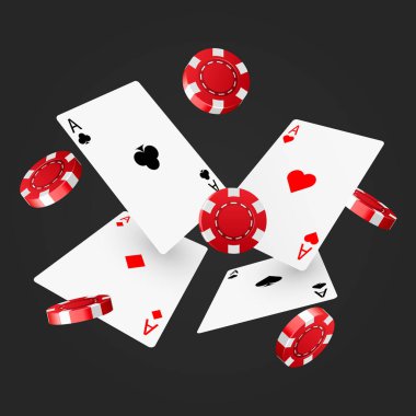 Casino poker tasarım şablonu. Düşen poker kartları ve patates kızartması. Kazanan kavram. Casino şanslı arka plan.