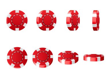 Kırmızı Plastik Poker fişleri gerçekçi ayarlayın. 3D cips farklı açılardan beyaz arka plan üzerinde izole saygısız. Jackpot ve başarı kavramı.