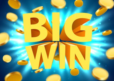 Altın gerçekçi 3D madeni paralarla büyük galibiyet işareti. Büyük ikramiye konsepti.