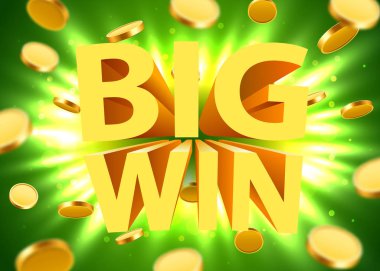 Altın gerçekçi 3D madeni paralarla büyük galibiyet işareti. Büyük ikramiye konsepti.