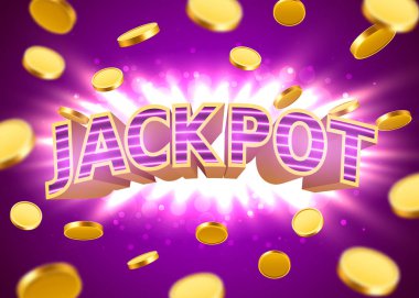 Jackpot işareti ile altın gerçekçi 3d paralar arka plan. Casino kavramı.