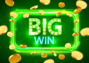 Büyük kazanmak. Paralar uçan ile Retro afiş parlayan. Casino kavramı.