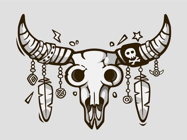Boho chique. Estilo de tatuagem étnica. Crânio de touro nativo americano ou mexicano com penas nos chifres . — Vetor de Stock