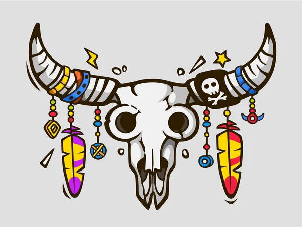 Boho chic. Etnische tattoo-stijl. Indiaanse of Mexicaanse stier schedel met veren op hoorns. — Stockvector