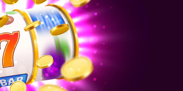 Gyllene spelautomaten med flygande gyllene mynt vinner jackpotten. Storvinst-konceptet. — Stock vektor
