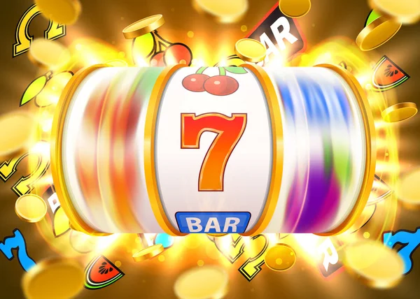 Gouden slotmachine met vliegende gouden munten wint de jackpot. Ruime zege concept. — Stockvector