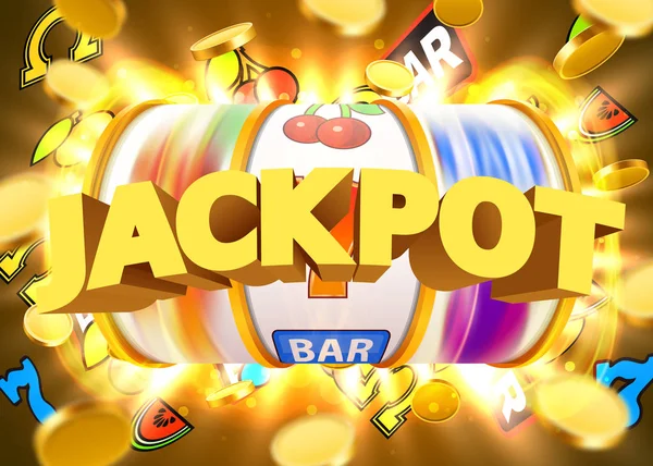 Gouden slotmachine met vliegende gouden munten wint de jackpot. Ruime zege concept. — Stockvector