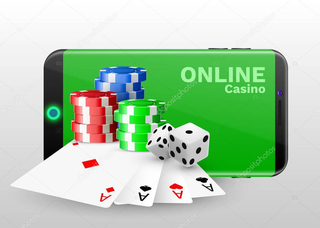 Online casino concept, playing cards, dice chips and smartphone with copyspace. Banner template layout mockup for online casinos and gambling.