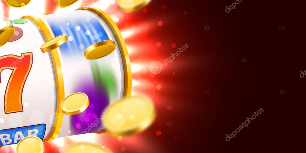 Golden slot machine with flying golden coins wins the jackpot. Big win concept.