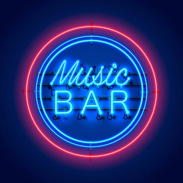 Neon musique bar enseigne sur le fond rouge . — Image vectorielle