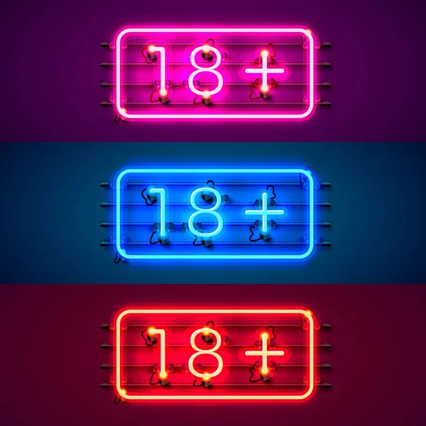 Neon signboard 18 plus color set — Stock Vector