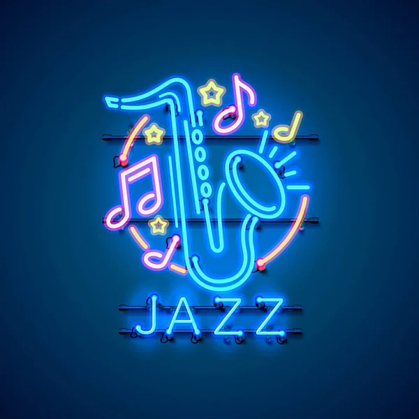 Neon label hudby jazzové nápis. — Stockový vektor