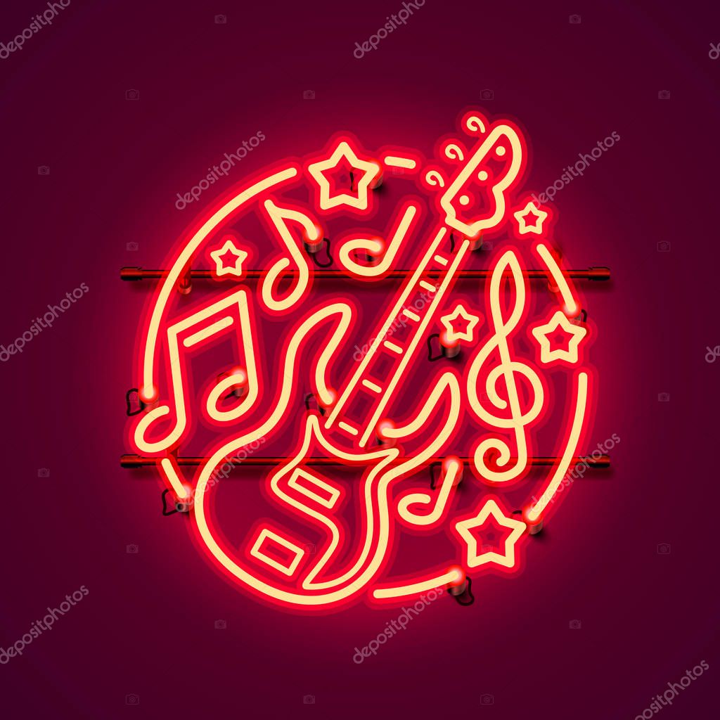 Neon label music rock banner. template design element. Vector illustration