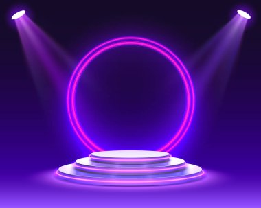 Işıklı sahne podyumu, Mor Arkaplan Ödül Töreniyle Sahne Podyumu, Vektör illüstrasyonu