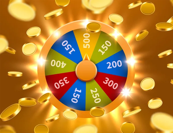 Wheel of luck or fortune with falling coins. Gamble chance leisure. Colorful gambling wheel. Jackpot prize concept background. — Stock Vector