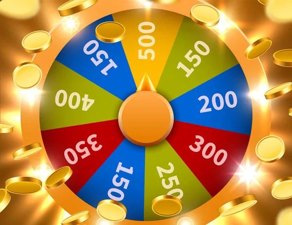 Wiel van geluk en fortuin met dalende munten. Gokken kans ontspanning. Kleurrijke gokken wiel. Jackpot prijs concept achtergrond. — Stockvector