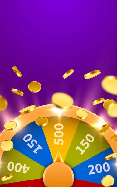 Kerék a szerencse vagy a fortune a csökkenő érméket. Gamble szabadidős lehetőséget. Színes szerencsejáték kerék. Jackpot díjat koncepció háttér. — Stock Vector