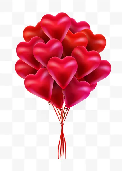 Bouquet volant de cœurs de ballon rouge sur fond transparent. Saint Valentin — Image vectorielle