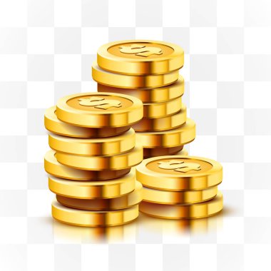 Şeffaf arka plan üzerinde izole altın dolar sikke yığını.