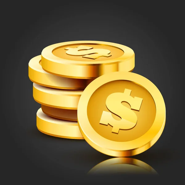 Empilhamento de moedas de dólar dourado isoladas em fundo escuro . — Vetor de Stock