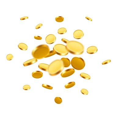 Düşen paralar, düşen paralar, uçan altın paralar, altın yağmurlar. Büyük ikramiye ya da başarı konsepti. Modern arkaplan.