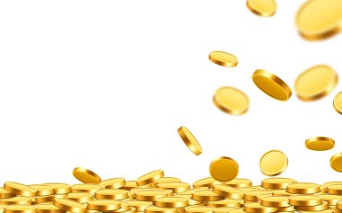 Düşen paralar, düşen paralar, uçan altın paralar, altın yağmurlar. Büyük ikramiye ya da başarı konsepti. Modern arkaplan.