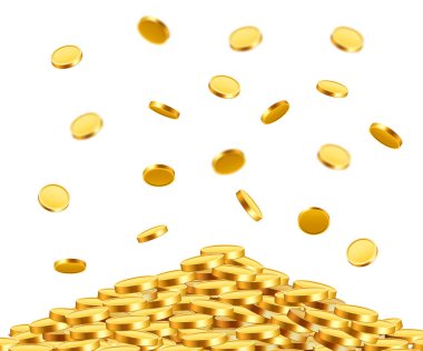 Düşen paralar, düşen paralar, uçan altın paralar, altın yağmurlar. Büyük ikramiye ya da başarı konsepti. Modern arkaplan.