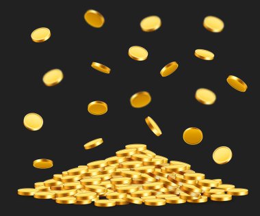 Düşen paralar, düşen paralar, uçan altın paralar, altın yağmurlar. Büyük ikramiye ya da başarı konsepti. Modern arkaplan.