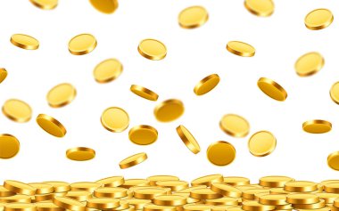 Düşen paralar, düşen paralar, uçan altın paralar, altın yağmurlar. Büyük ikramiye ya da başarı konsepti. Modern arkaplan.