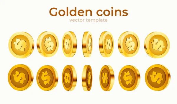 3D χρυσά απομονωμένα νομίσματα σετ. Διαφορετικές θέσεις. Ιπτάμενα χρυσά νομίσματα, χρυσό φόντο βροχής. Ιδέα τζάκποτ ή επιτυχίας. — Διανυσματικό Αρχείο