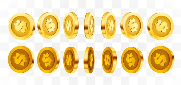 3Dゴールド分離コインセット。異なる位置。フライング金貨、黄金の雨の背景。ジャックポットまたは成功の概念. — ストックベクタ