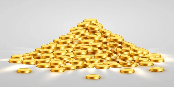 Monedas de oro brillante con signos de estrellas en el montón. Un montón de dinero de metal viejo. Tesoro caro precioso . — Vector de stock