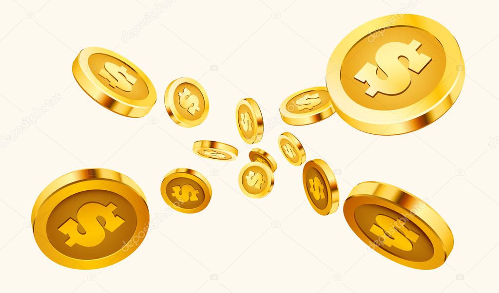 Falling coins, falling money, flying gold coins, golden rain. Jackpot or success concept. Modern background.