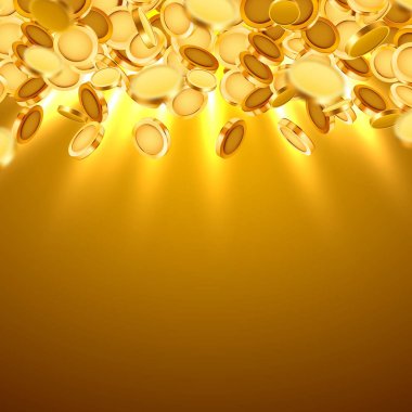 Düşen paralar, düşen paralar, uçan altın paralar, altın yağmurlar. Büyük ikramiye ya da başarı konsepti. Modern arkaplan.