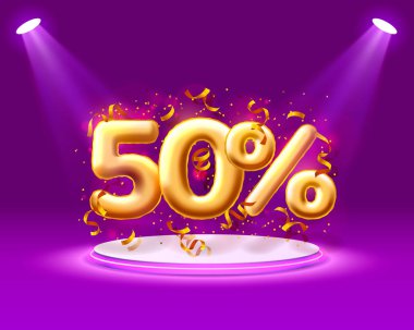 Satış 50 kapalı ballon numarası mor arka plan üzerinde.