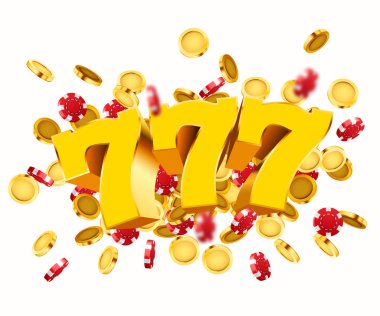 Uçan altın sikke ve fişleri ile Altın slot makinesi 777 ikramiye kazanır. Büyük kazanç konsepti.