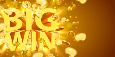 Altın gerçekçi 3D madeni paralarla büyük galibiyet işareti. Büyük ikramiye konsepti.