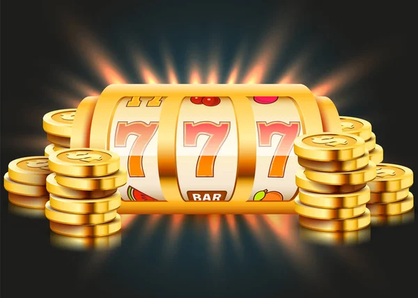 Gouden slotmachine met vliegende gouden munten wint de jackpot. Ruime zege concept. — Stockvector