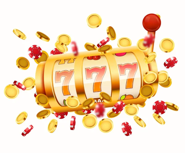 Gouden slotmachine met vliegende gouden munten wint de jackpot. Ruime zege concept. — Stockvector