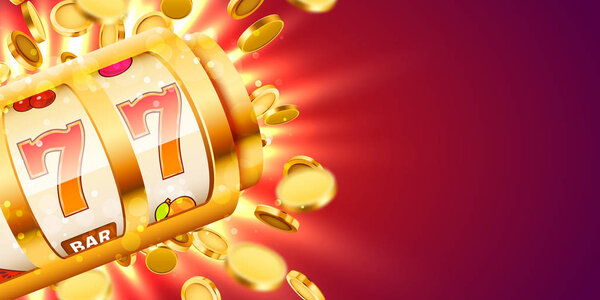 Golden slot machine with flying golden coins wins the jackpot. Big win concept.