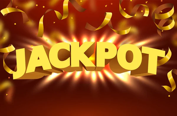 Znak Jackpot ze złotym realistycznym 3D spada konfetti — Wektor stockowy