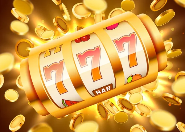 Golden slot machine with flying golden coins wins the jackpot. Big win concept.